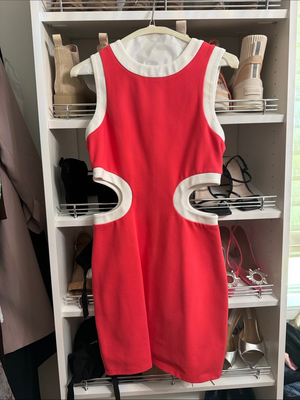 STAUD Red Mini Dress with White Cutout Trim